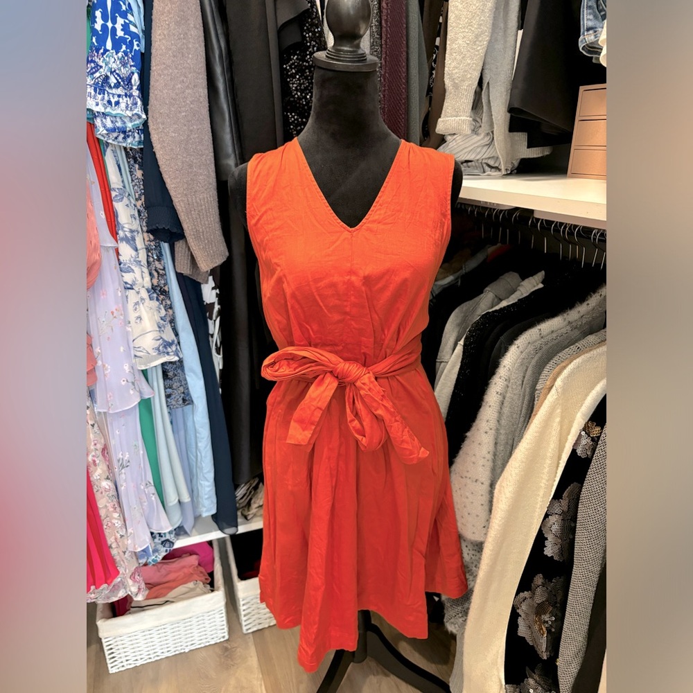 Ann Taylor Factory Orange VNeck Cotton Orange Tie around waist mini Dress sizeSP